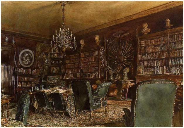 La Bibliothèque de l'appartement du comte Lanckoronski à Vienne, Riemergasse 8, Rudolf von Alt, 1881 / Source: Auror' Art and Soul